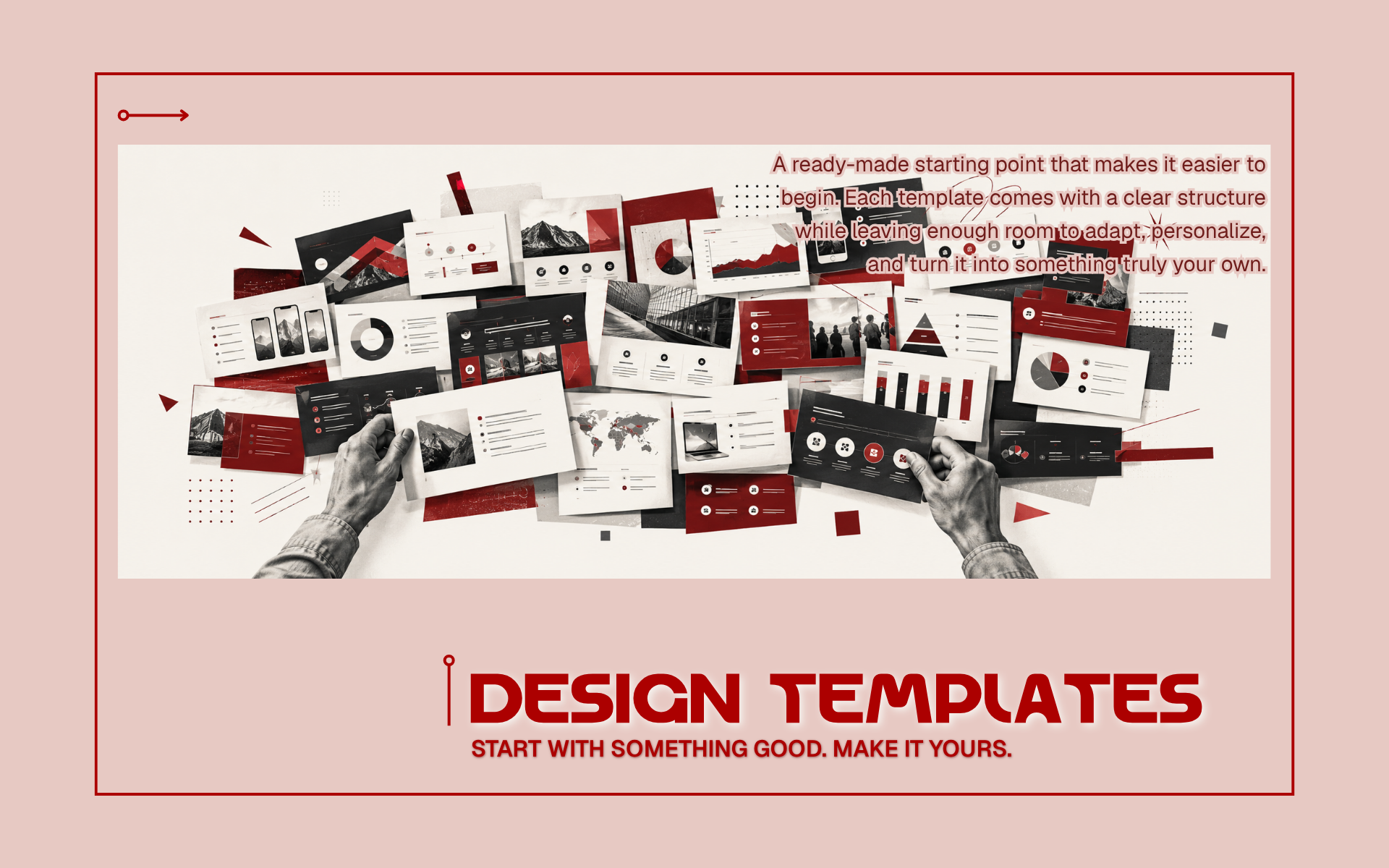 Hands selecting professional design templates with structured layouts for presentations, profiles, portfolios and business documents.
